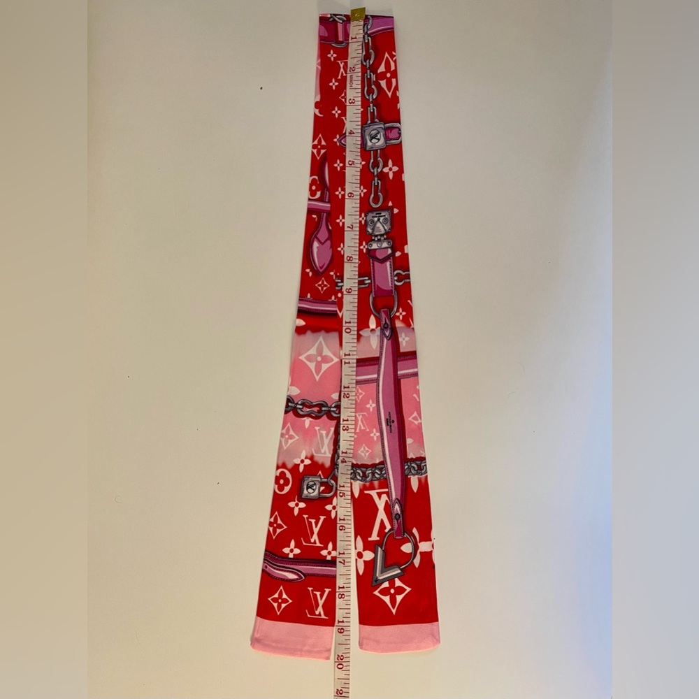 Red and Pink Iconic Monogram Print Twilly Bandeau Wrap Scarf - Picture 5 of 7